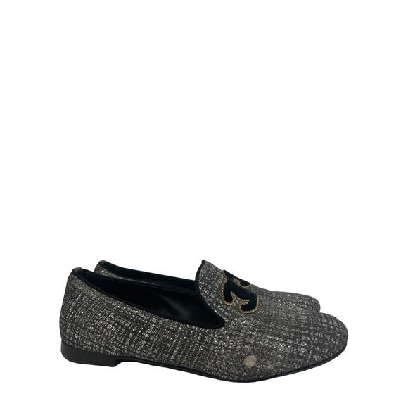 CHANEL Silver/Black Tweed Interlocking CC Logo Accent Loafers Flats Size 37 US 7 - Picture 5 of 10